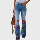 Floral-Print High-Waisted Flared Jeans for Women
