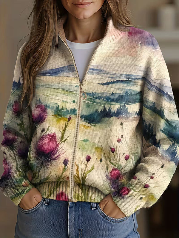 Zelda™ | Thistle Landscape Zip-Up Cardigan