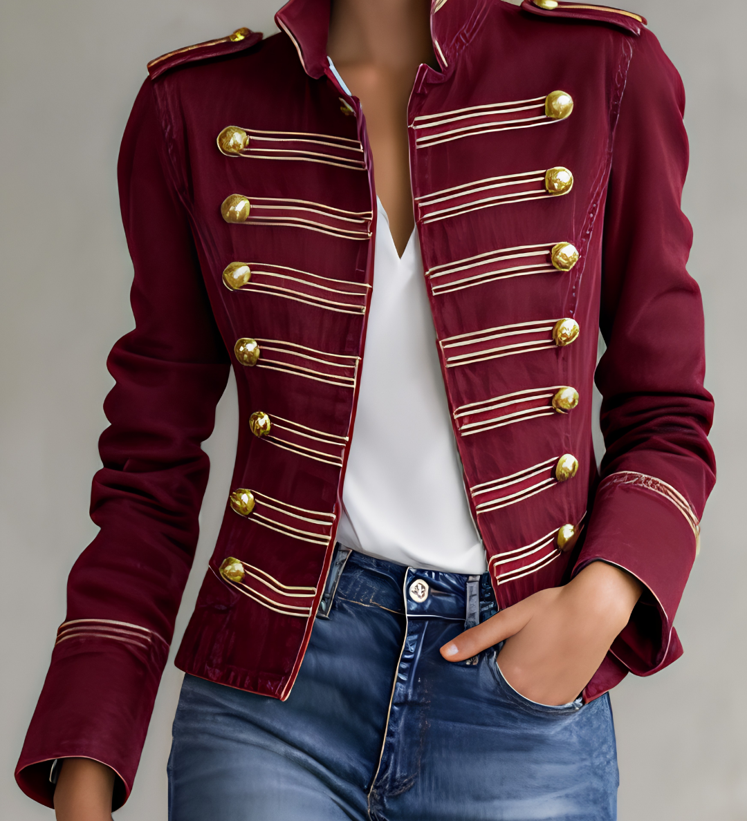 Military-Style Denim Jacket with Gold-Tone Buttons