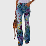 Floral-Print High-Waisted Flared Jeans for Women