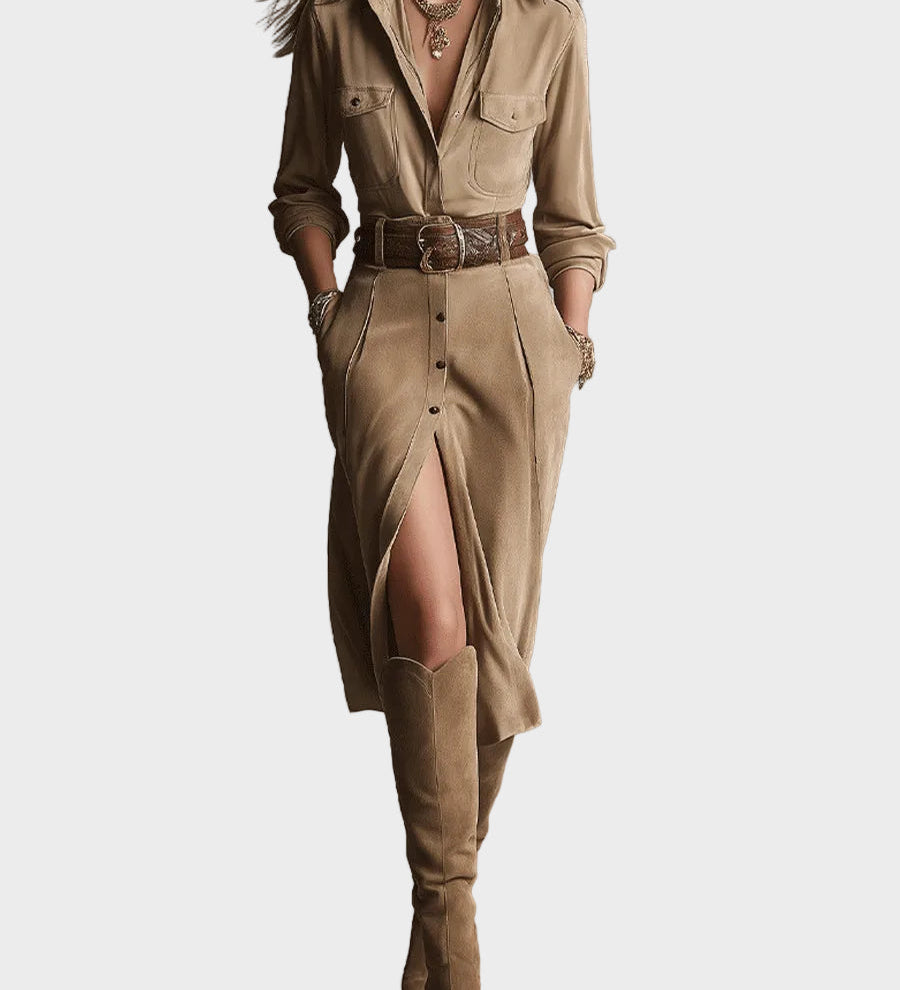 Roxane - Stylish Brown Suede Midi Dress for Women