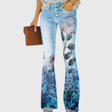 Floral-Print High-Waisted Flared Jeans for Women