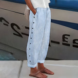 Flowy Striped Pants for Women with Side Button Detail