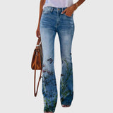 Floral-Print High-Waisted Flared Jeans for Women