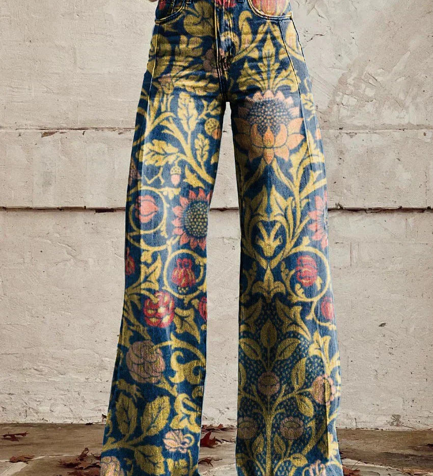 Bohemian High-Waist Floral Print Wide-Leg Pants for Women