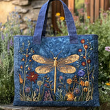Quilted Tote Bag Featuring Elegant Golden Dragonfly Design