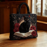 Handcrafted Quilted Bag - Black Cat & Books Design
