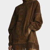 Jacinthe - Suede Roll Neck Dress with Fringe Details