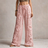 Women's Embroidered Palazzo Pants with Stretchy Waistband