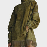 Jacinthe - Suede Roll Neck Dress with Fringe Details
