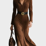 Judith - Suede Midi Dress with Collar and Slit in Western Style