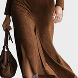 Judith - Suede Midi Dress with Collar and Slit in Western Style