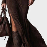 Francette - Brown Suede Maxi Dress Featuring Belt and Zipper