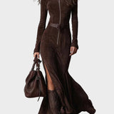 Francette - Brown Suede Maxi Dress Featuring Belt and Zipper
