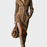 Noëlle - Long Sleeve Suede Midi Dress with Tie Collar