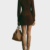 Joëlle - Brown Suede Mini Dress Featuring High Collar and Zip Closure
