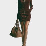 Joëlle - Brown Suede Mini Dress Featuring High Collar and Zip Closure