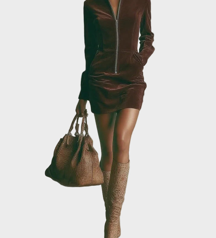 Joëlle - Brown Suede Mini Dress Featuring High Collar and Zip Closure