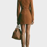 Joëlle - Brown Suede Mini Dress Featuring High Collar and Zip Closure