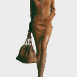 Joëlle - Brown Suede Mini Dress Featuring High Collar and Zip Closure