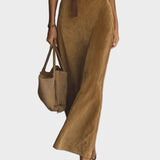 Odette - Suede Maxi Dress with Collar and Single Button Detail