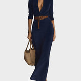 Odette - Suede Maxi Dress with Collar and Single Button Detail