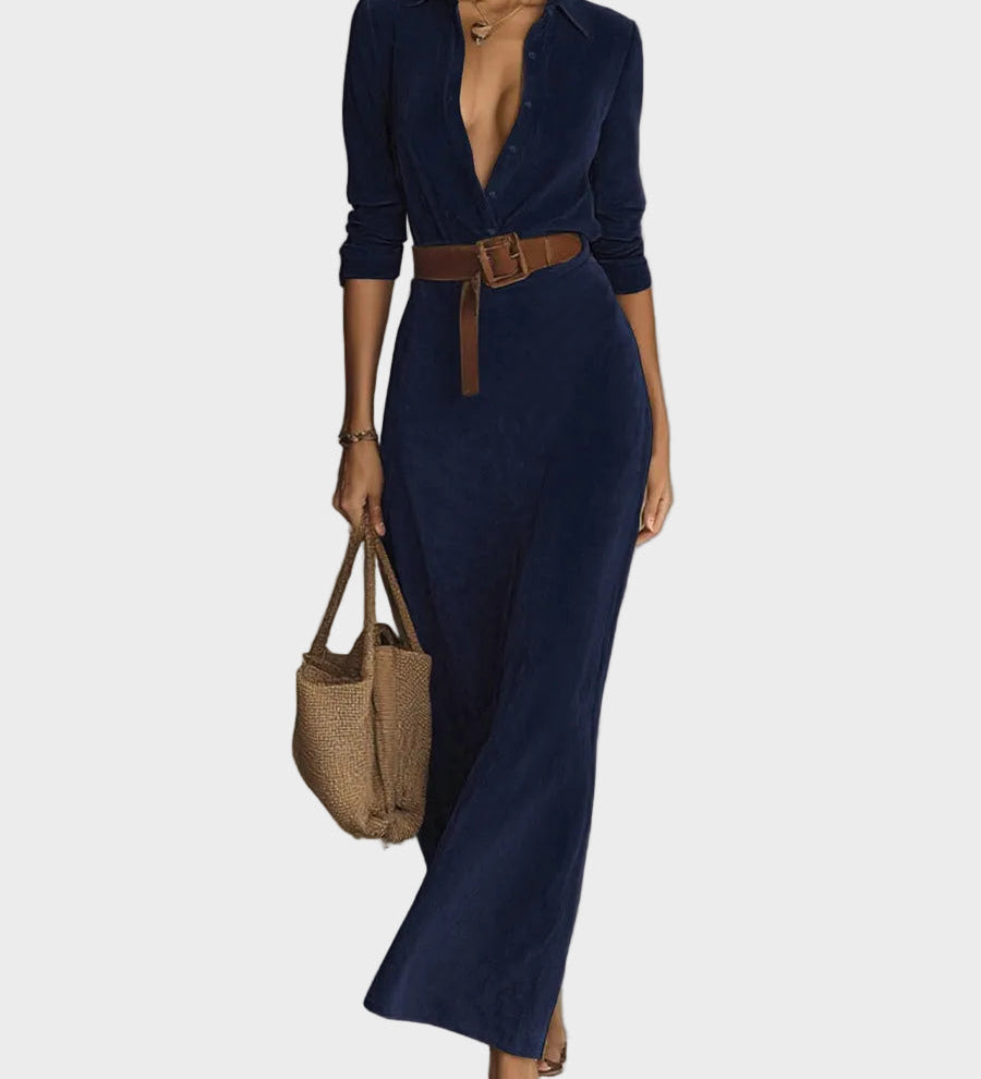 Odette - Suede Maxi Dress with Collar and Single Button Detail