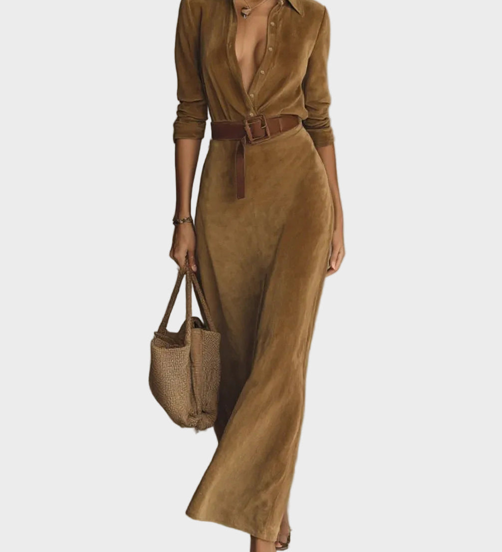 Odette - Suede Maxi Dress with Collar and Single Button Detail