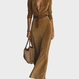 Odette - Suede Maxi Dress with Collar and Single Button Detail