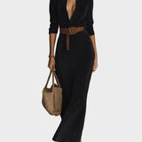 Odette - Suede Maxi Dress with Collar and Single Button Detail