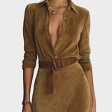 Odette - Suede Maxi Dress with Collar and Single Button Detail