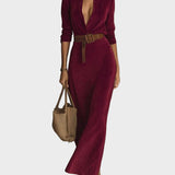 Odette - Suede Maxi Dress with Collar and Single Button Detail