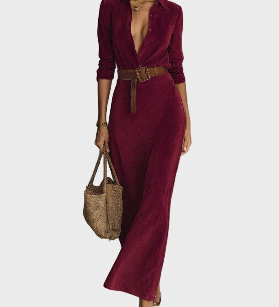Odette - Suede Maxi Dress with Collar and Single Button Detail