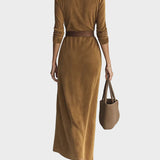 Odette - Suede Maxi Dress with Collar and Single Button Detail