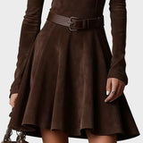 Liliane - Retro Dark Brown Suede Dress with Roll Neck