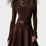 Liliane - Retro Dark Brown Suede Dress with Roll Neck