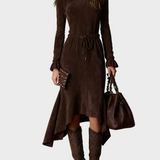 Marthe - Chic Dark Brown Suede Midi Dress with Tie Detail