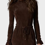 Marthe - Chic Dark Brown Suede Midi Dress with Tie Detail
