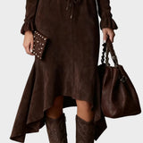 Marthe - Chic Dark Brown Suede Midi Dress with Tie Detail