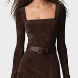 Eglantine - Chic Dark Brown Faux Leather Maxi Dress with Square Neckline