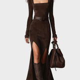 Eglantine - Chic Dark Brown Faux Leather Maxi Dress with Square Neckline