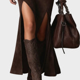 Eglantine - Chic Dark Brown Faux Leather Maxi Dress with Square Neckline