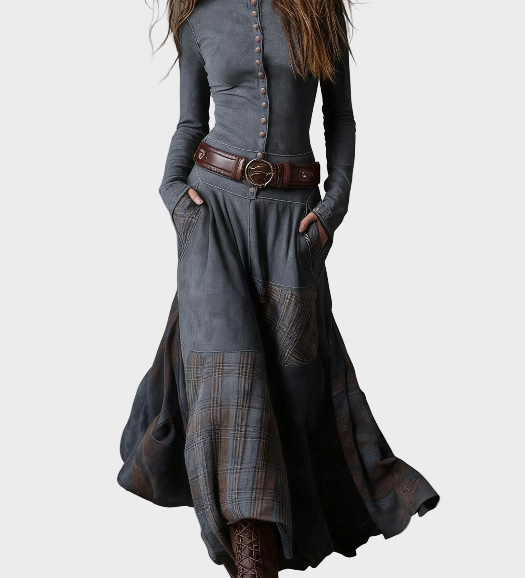 Maryse - Navy Blue Suede Maxi Dress Featuring a Belt