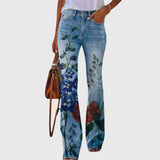 Floral-Print High-Waisted Flared Jeans for Women