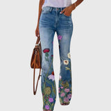 Floral-Print High-Waisted Flared Jeans for Women