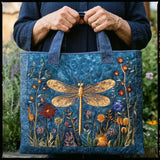 Quilted Tote Bag Featuring Elegant Golden Dragonfly Design