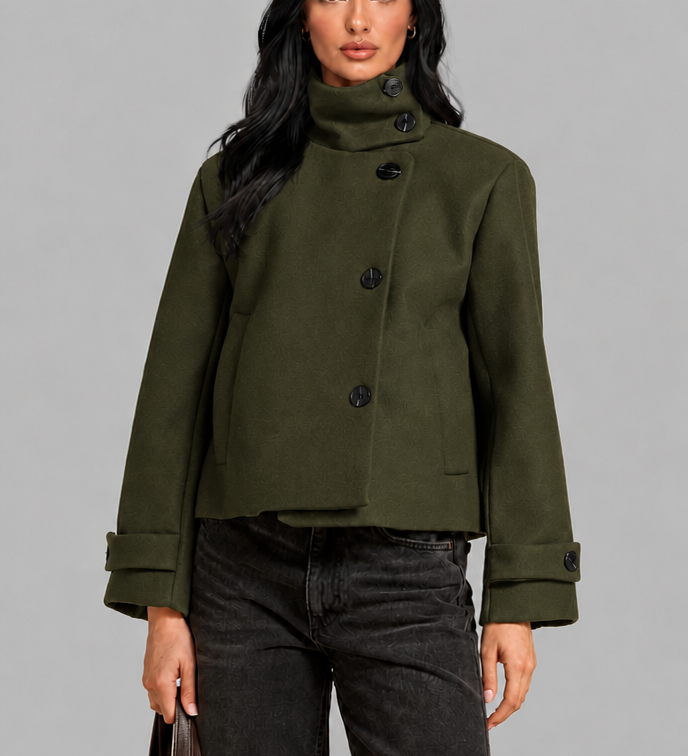 Cropped High-Neck Asymmetric Button Jacket