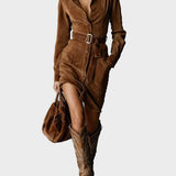 Noëlle - Long Sleeve Suede Midi Dress with Tie Collar