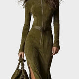 Francine - Retro Maxi Dress with Zipper and Belt