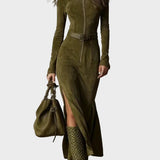 Francine - Retro Maxi Dress with Zipper and Belt
